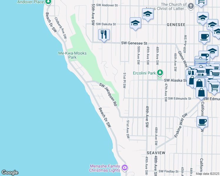 map of restaurants, bars, coffee shops, grocery stores, and more near 5300 Southwest Jacobsen Road in Seattle