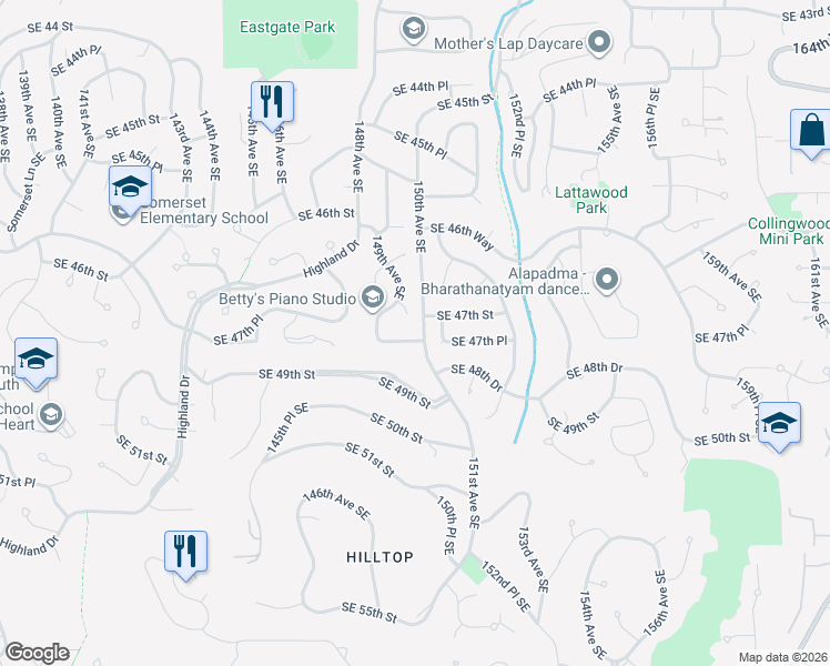 map of restaurants, bars, coffee shops, grocery stores, and more near 14930 Southeast 47th Place in Bellevue
