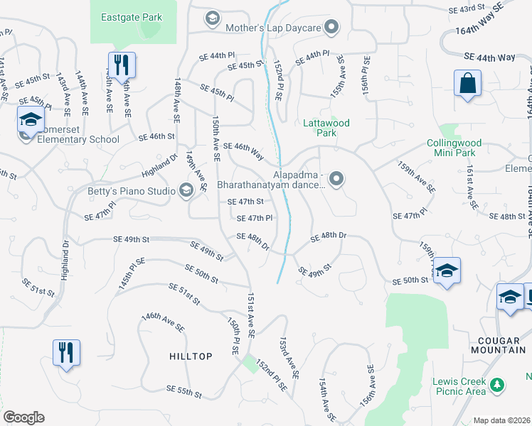map of restaurants, bars, coffee shops, grocery stores, and more near 15122 Southeast 47th Place in Bellevue