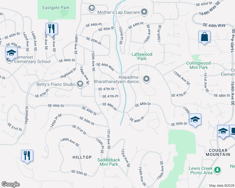map of restaurants, bars, coffee shops, grocery stores, and more near 15122 Southeast 47th Place in Bellevue