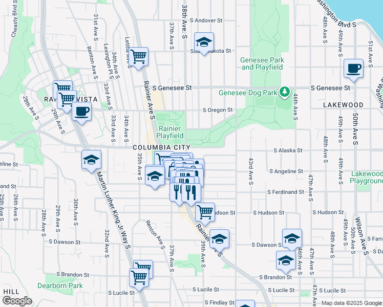 map of restaurants, bars, coffee shops, grocery stores, and more near 3801 South Alaska Street in Seattle