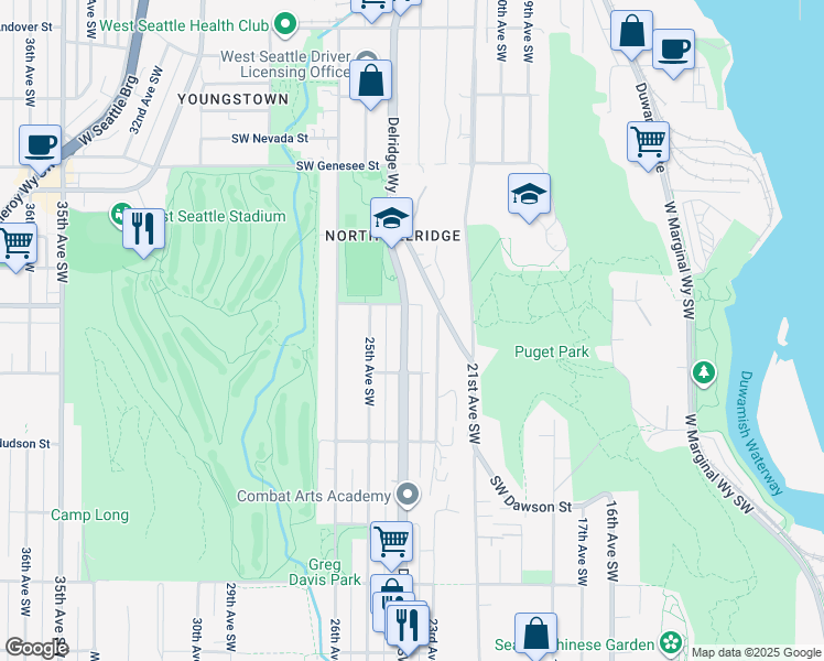 map of restaurants, bars, coffee shops, grocery stores, and more near 4717 Cottage Place Southwest in Seattle