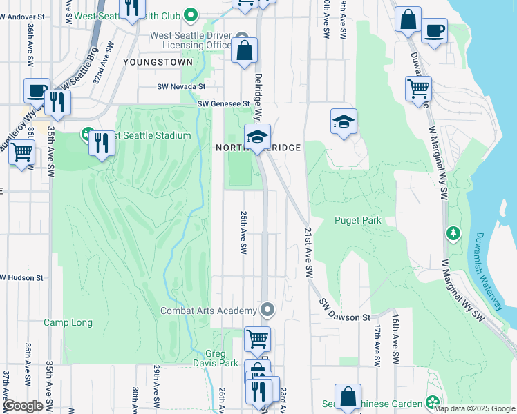 map of restaurants, bars, coffee shops, grocery stores, and more near 4716 25th Avenue Southwest in Seattle