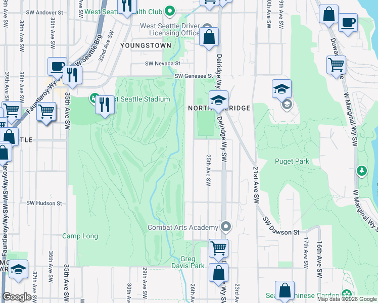 map of restaurants, bars, coffee shops, grocery stores, and more near 4716 26th Avenue Southwest in Seattle