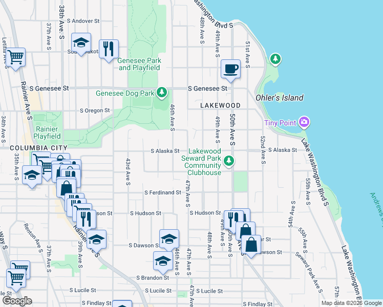 map of restaurants, bars, coffee shops, grocery stores, and more near 4702 47th Avenue South in Seattle
