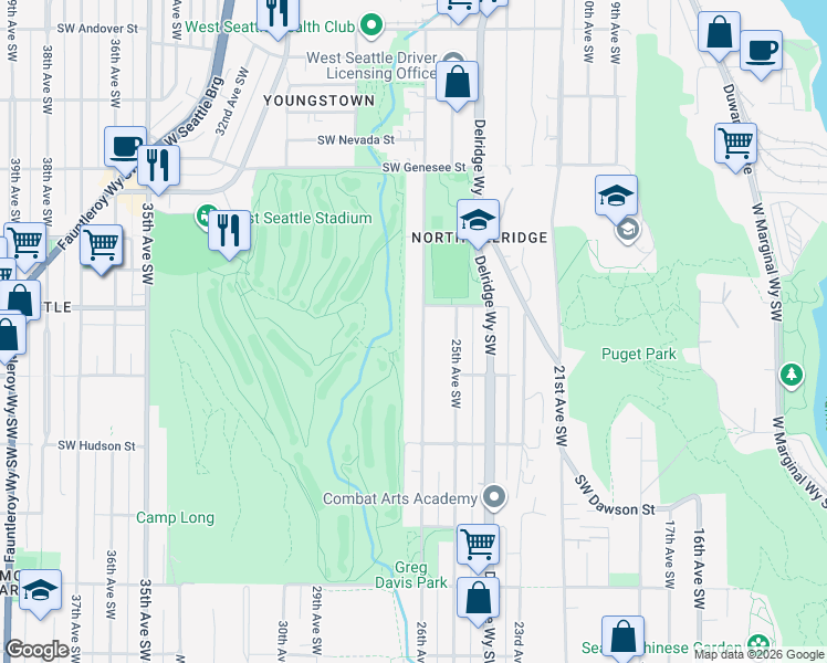 map of restaurants, bars, coffee shops, grocery stores, and more near 4716 26th Avenue Southwest in Seattle