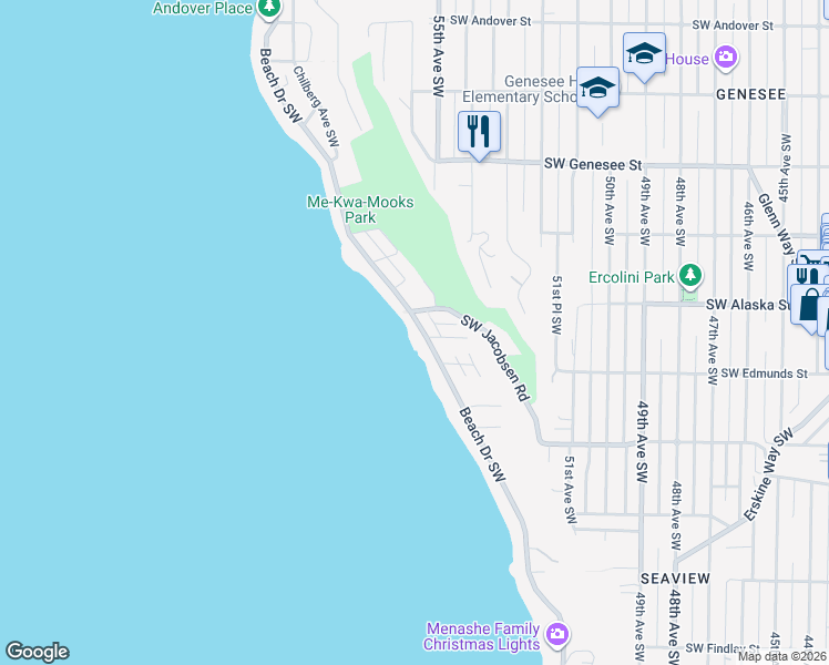 map of restaurants, bars, coffee shops, grocery stores, and more near 4715 Beach Drive Southwest in Seattle