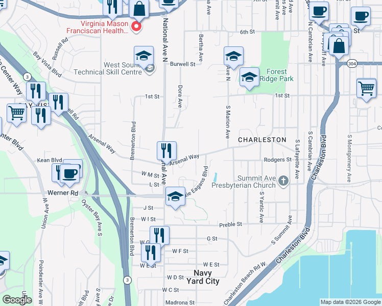 map of restaurants, bars, coffee shops, grocery stores, and more near 3704 Arsenal Way in Bremerton