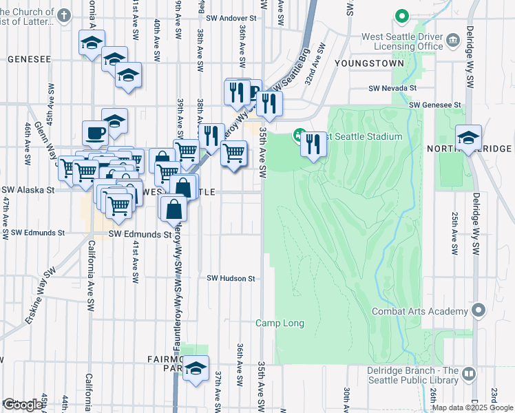 map of restaurants, bars, coffee shops, grocery stores, and more near 4717 35th Avenue Southwest in Seattle