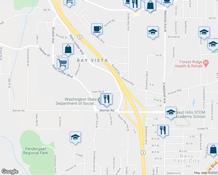 map of restaurants, bars, coffee shops, grocery stores, and more near 4525 Auto Center Way in Bremerton