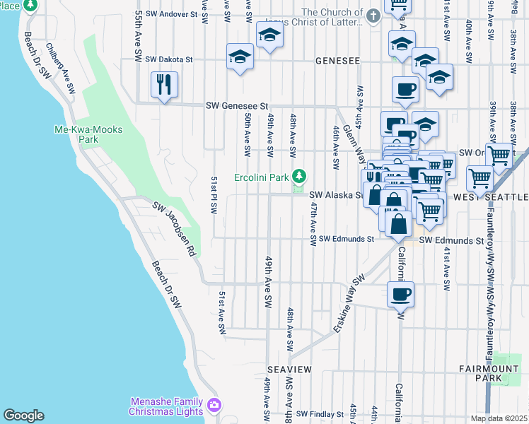 map of restaurants, bars, coffee shops, grocery stores, and more near 4723 49th Avenue Southwest in Seattle