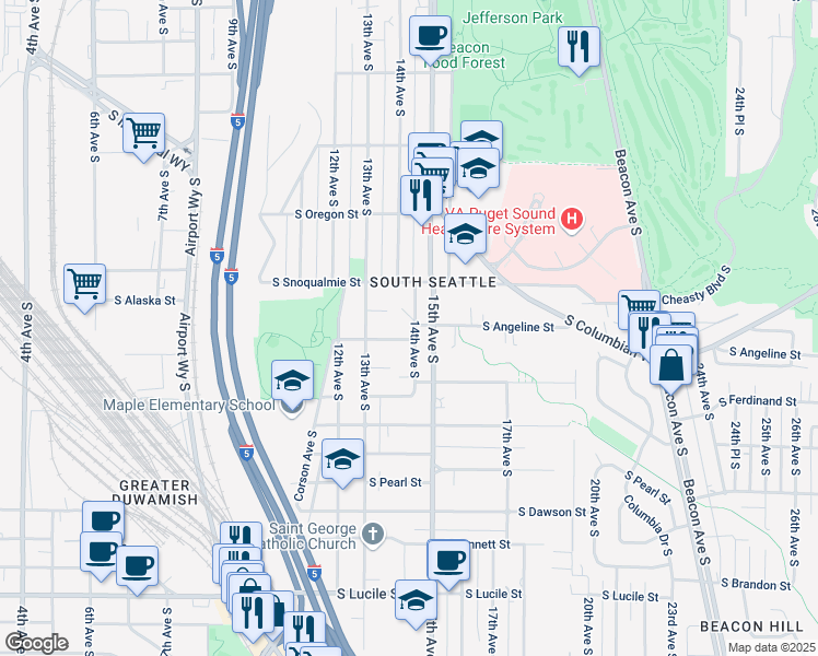 map of restaurants, bars, coffee shops, grocery stores, and more near 4645 14th Avenue South in Seattle