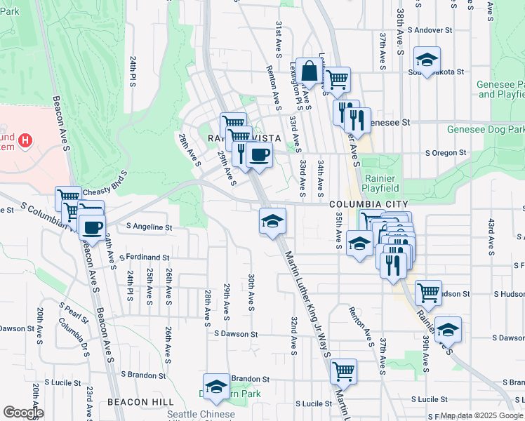 map of restaurants, bars, coffee shops, grocery stores, and more near 4701 Martin Luther King Junior Way South in Seattle