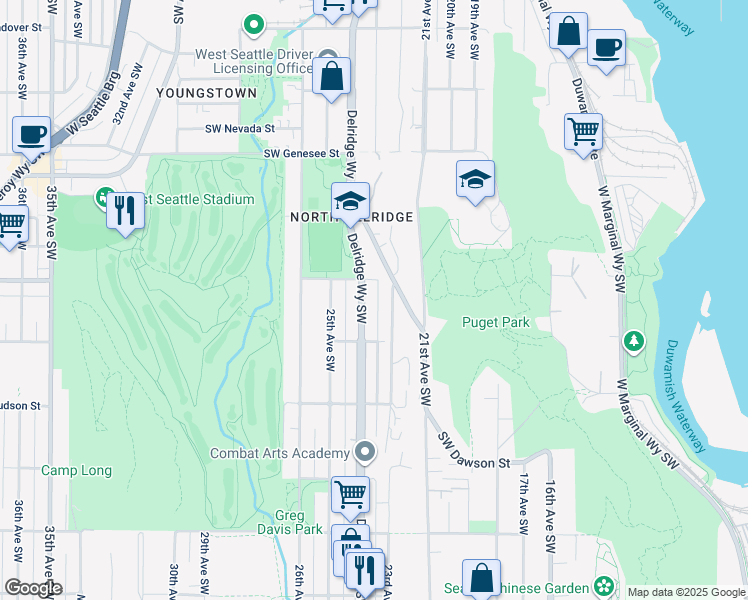 map of restaurants, bars, coffee shops, grocery stores, and more near 4717 Cottage Place Southwest in Seattle