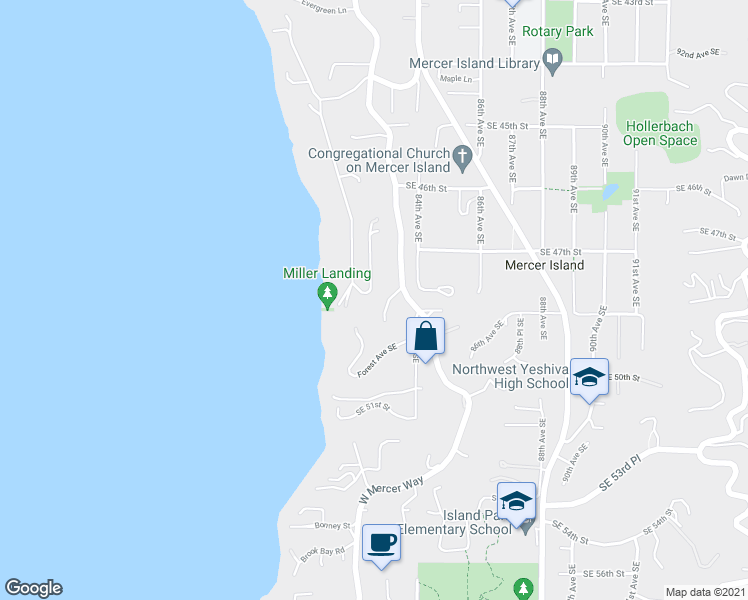 map of restaurants, bars, coffee shops, grocery stores, and more near 8100 Southeast 48th Street in Mercer Island