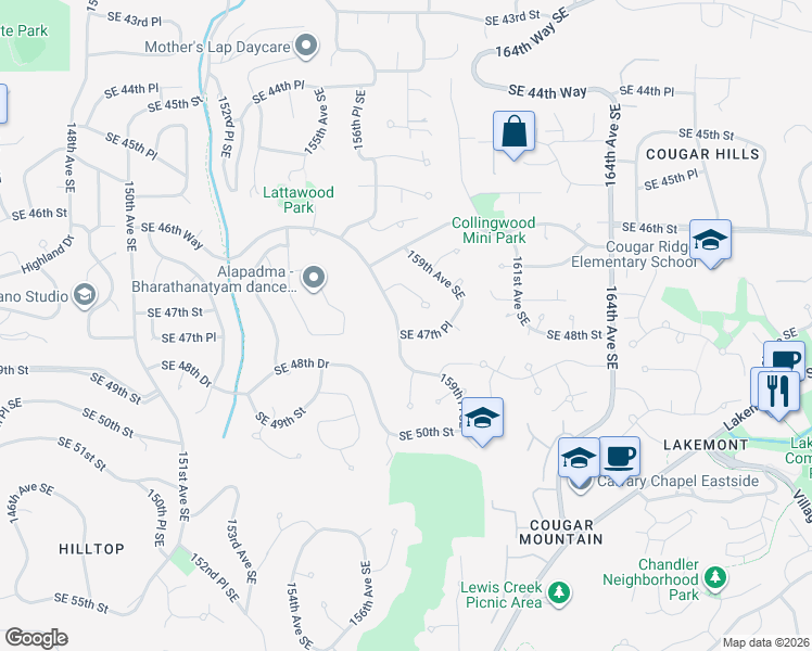 map of restaurants, bars, coffee shops, grocery stores, and more near 4729 158th Avenue Southeast in Bellevue