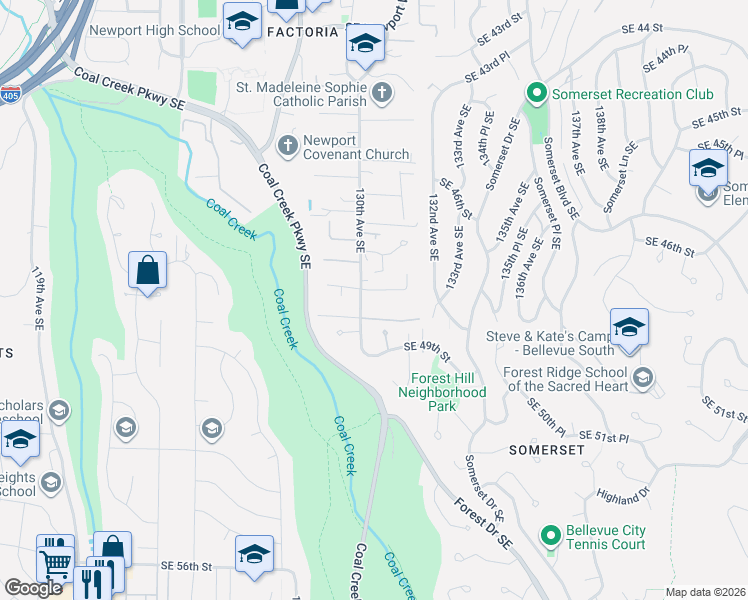 map of restaurants, bars, coffee shops, grocery stores, and more near 13015 Southeast 47th Place in Bellevue