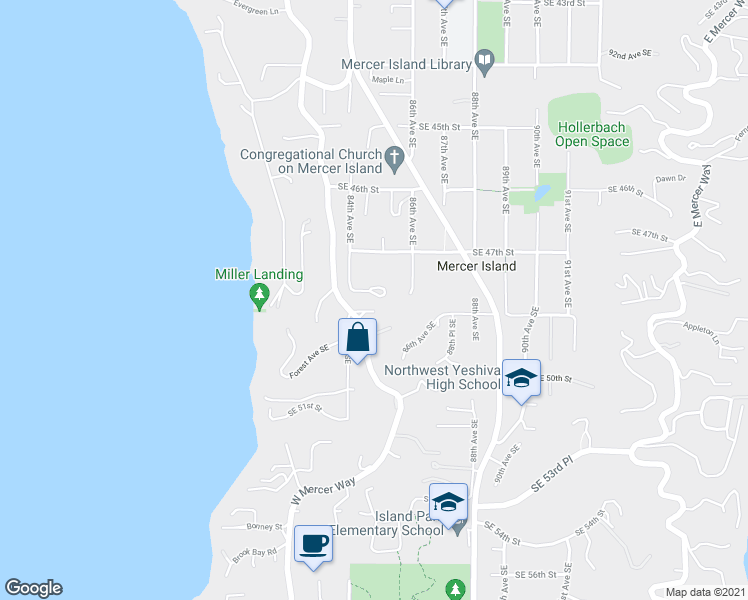map of restaurants, bars, coffee shops, grocery stores, and more near 8420 Southeast 47th Place in Mercer Island
