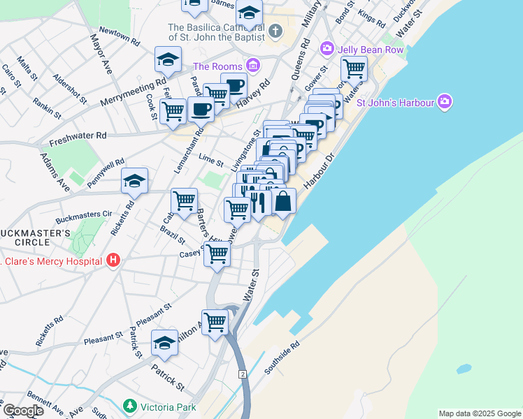 map of restaurants, bars, coffee shops, grocery stores, and more near 2 George Street in St. John's
