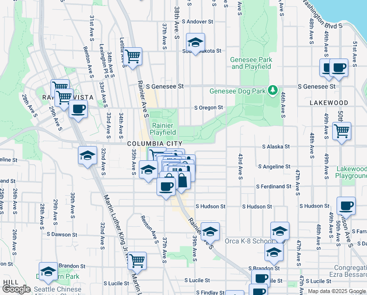 map of restaurants, bars, coffee shops, grocery stores, and more near 3801 South Alaska Street in Seattle