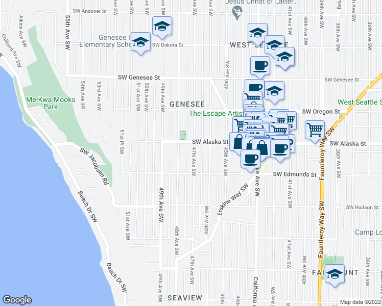 map of restaurants, bars, coffee shops, grocery stores, and more near 4721 47th Avenue Southwest in Seattle