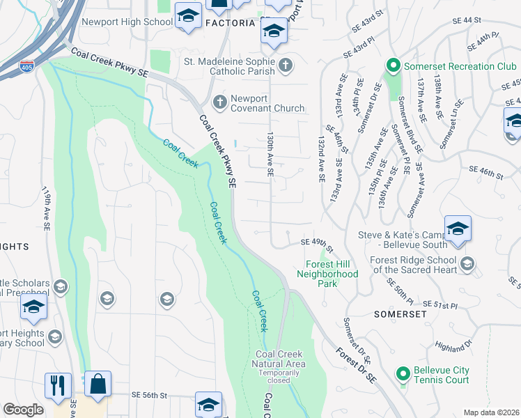 map of restaurants, bars, coffee shops, grocery stores, and more near 12973 Southeast 47th Place in Bellevue