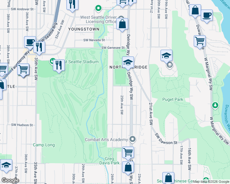 map of restaurants, bars, coffee shops, grocery stores, and more near 4716 26th Avenue Southwest in Seattle