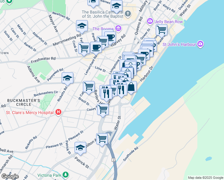 map of restaurants, bars, coffee shops, grocery stores, and more near 15 Queen Street in St. John's