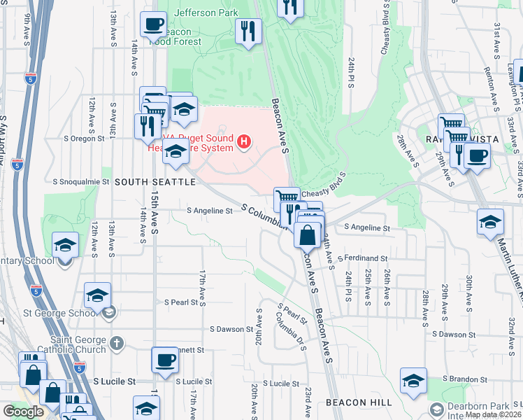 map of restaurants, bars, coffee shops, grocery stores, and more near 2002 South Columbian Way in Seattle