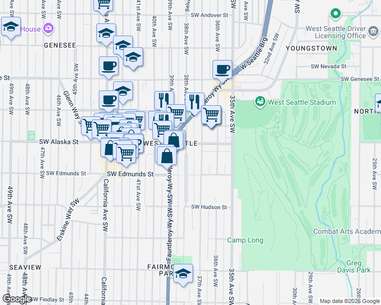 map of restaurants, bars, coffee shops, grocery stores, and more near 4714 38th Avenue Southwest in Seattle