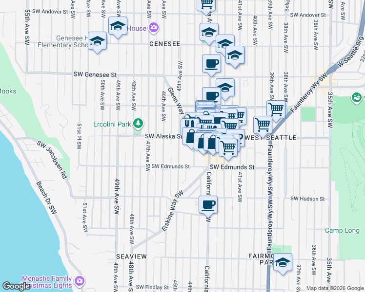 map of restaurants, bars, coffee shops, grocery stores, and more near 4716 45th Avenue Southwest in Seattle