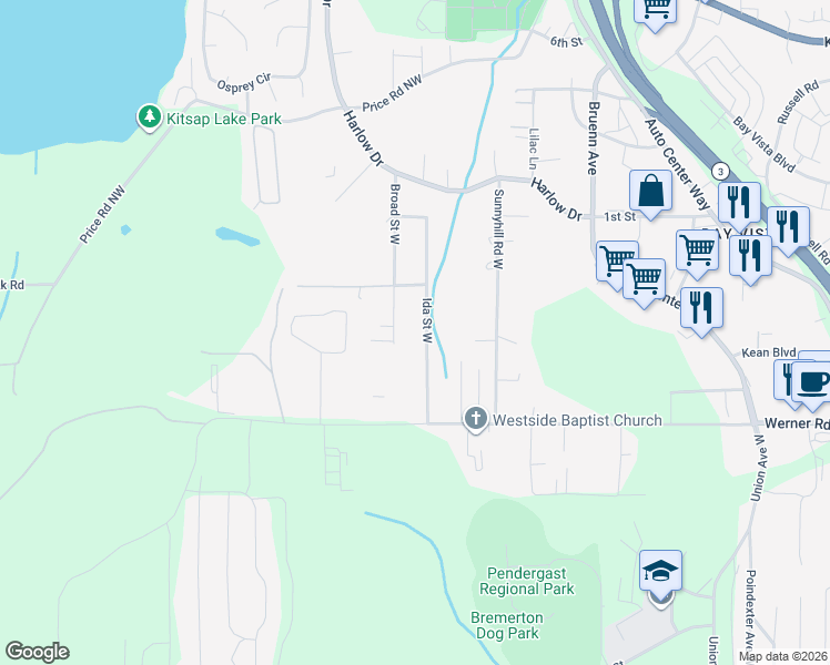 map of restaurants, bars, coffee shops, grocery stores, and more near 281 Ida Street West in Bremerton