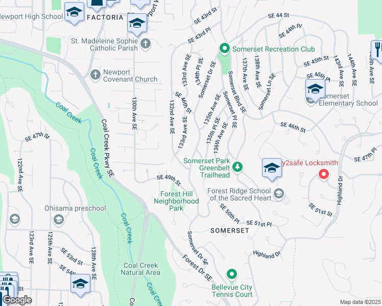 map of restaurants, bars, coffee shops, grocery stores, and more near 4733 Somerset Drive Southeast in Bellevue