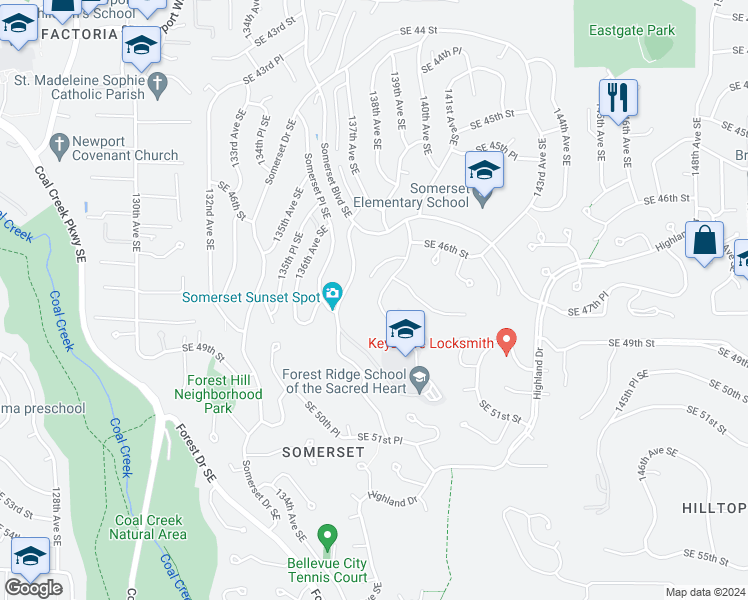 map of restaurants, bars, coffee shops, grocery stores, and more near 4731 139th Avenue Southeast in Bellevue