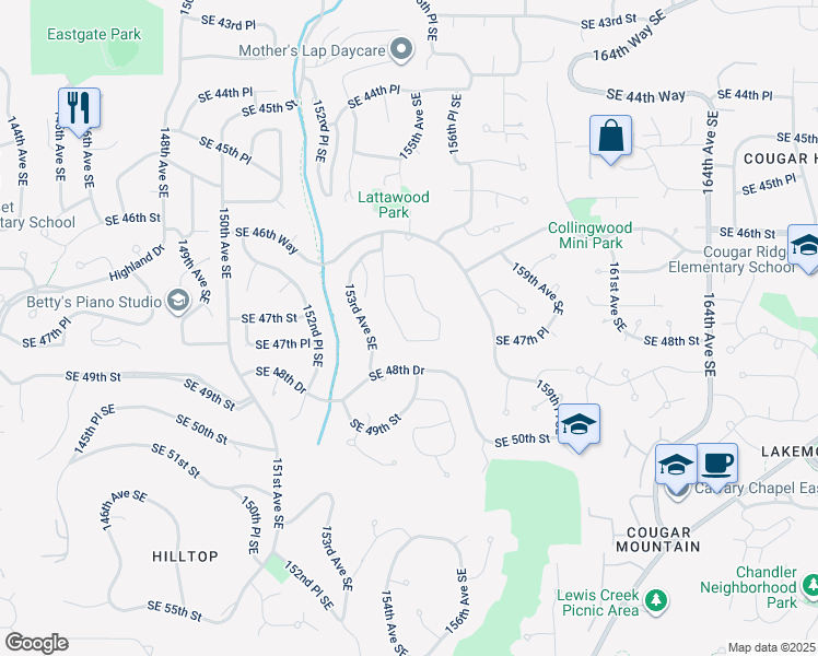 map of restaurants, bars, coffee shops, grocery stores, and more near 4760 154th Place Southeast in Bellevue