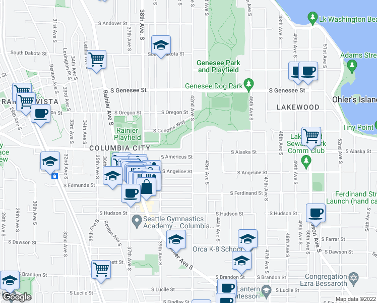 map of restaurants, bars, coffee shops, grocery stores, and more near 3946 South Americus Street in Seattle