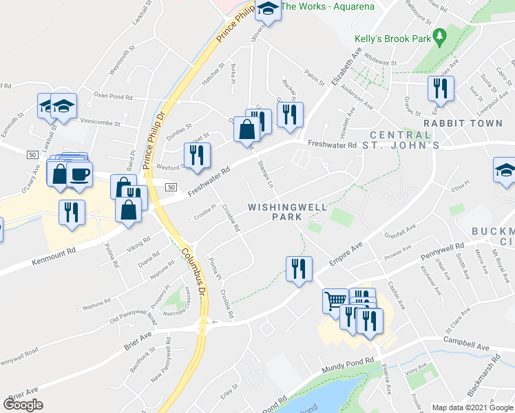 map of restaurants, bars, coffee shops, grocery stores, and more near Wishingwell Road in Saint John's