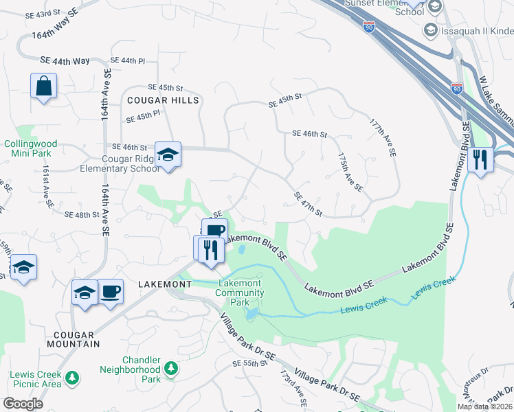 map of restaurants, bars, coffee shops, grocery stores, and more near 4733 172nd Court Southeast in Bellevue