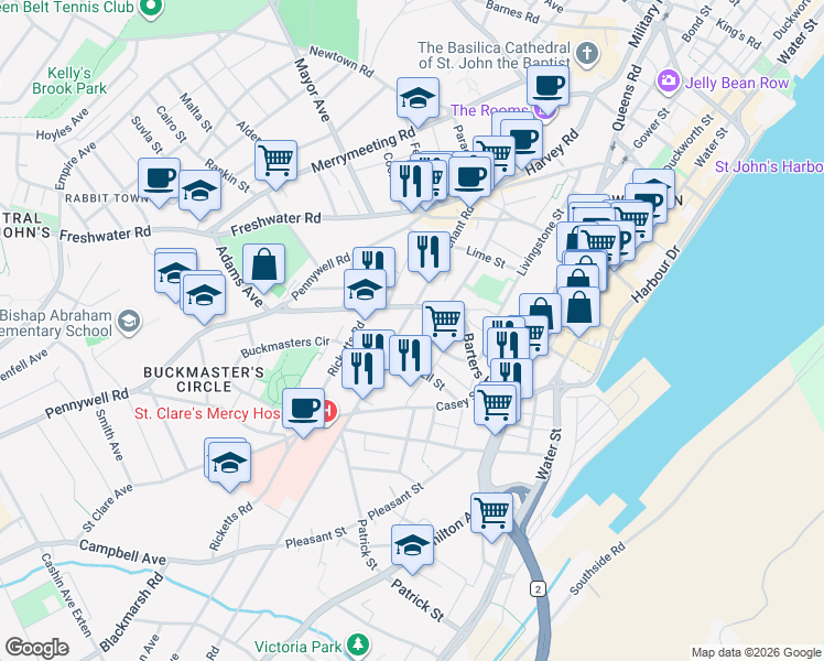 map of restaurants, bars, coffee shops, grocery stores, and more near 95 Lemarchant Road in St. John's