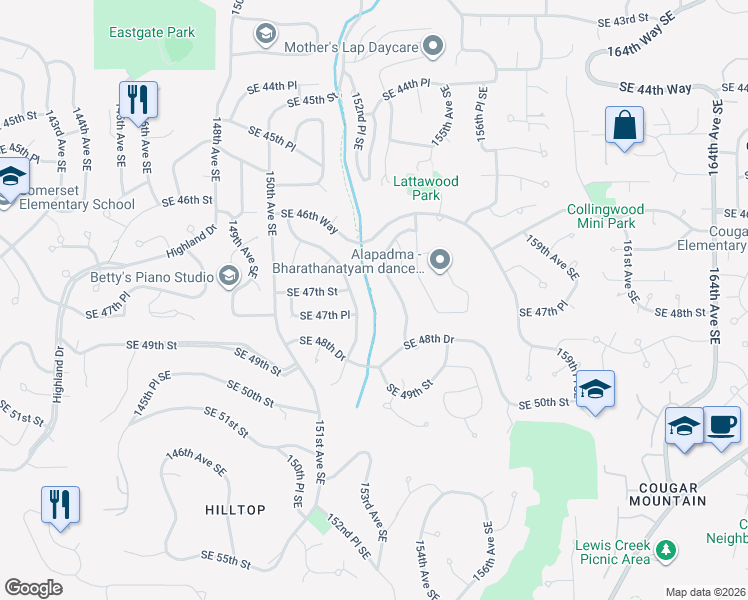 map of restaurants, bars, coffee shops, grocery stores, and more near 4713 153rd Avenue Southeast in Bellevue
