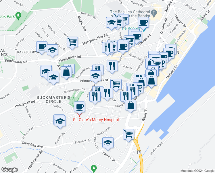 map of restaurants, bars, coffee shops, grocery stores, and more near 95 Lemarchant Road in St. John's