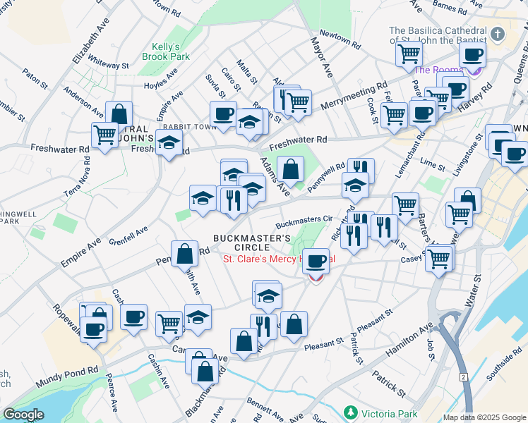 map of restaurants, bars, coffee shops, grocery stores, and more near 179 Pennywell Road in St. John's