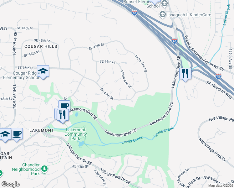 map of restaurants, bars, coffee shops, grocery stores, and more near 4689 174th Avenue Southeast in Bellevue