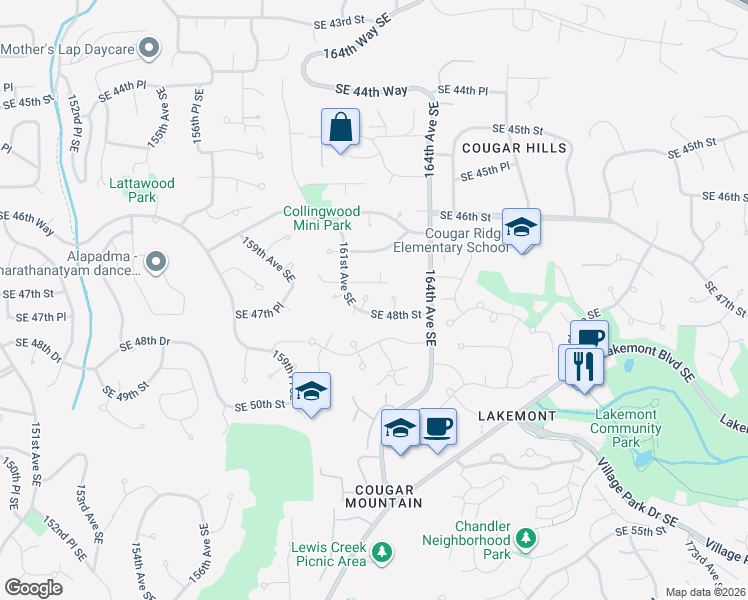 map of restaurants, bars, coffee shops, grocery stores, and more near 4714 161st Avenue Southeast in Bellevue