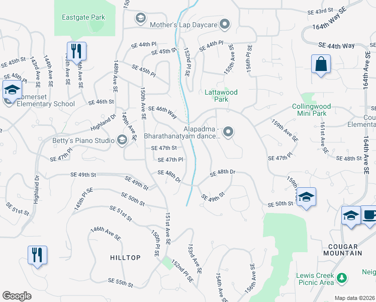 map of restaurants, bars, coffee shops, grocery stores, and more near 4713 153rd Avenue Southeast in Bellevue