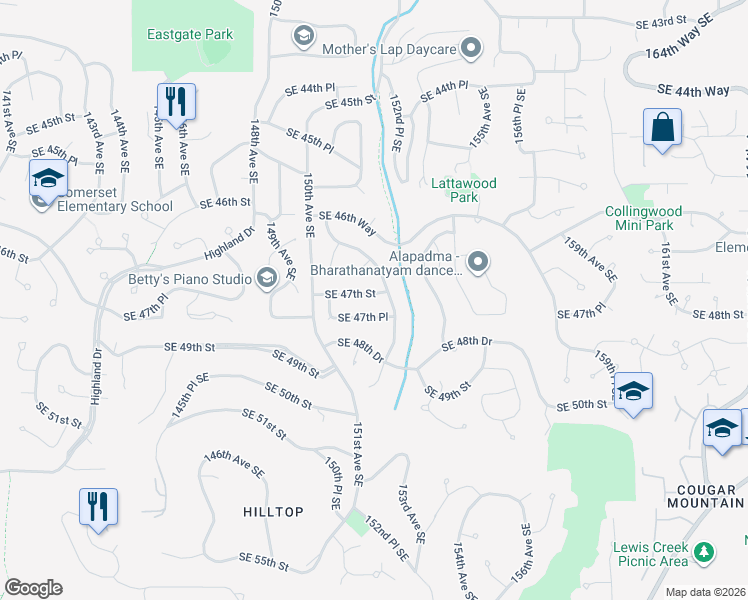 map of restaurants, bars, coffee shops, grocery stores, and more near 15122 Southeast 47th Place in Bellevue