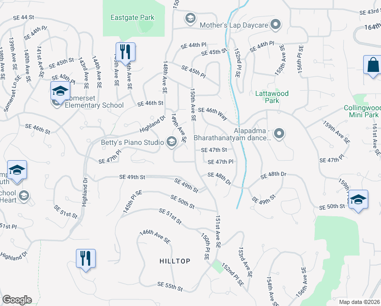 map of restaurants, bars, coffee shops, grocery stores, and more near 14930 Southeast 47th Place in Bellevue