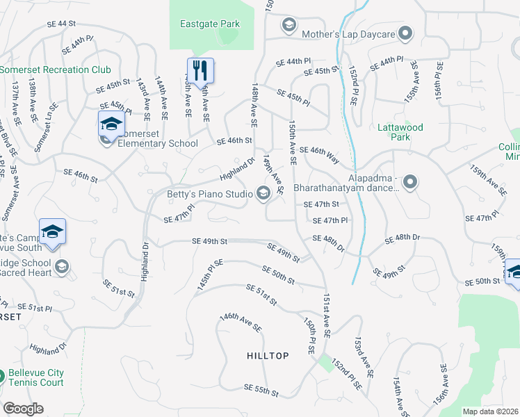 map of restaurants, bars, coffee shops, grocery stores, and more near 4750 149th Avenue Southeast in Bellevue