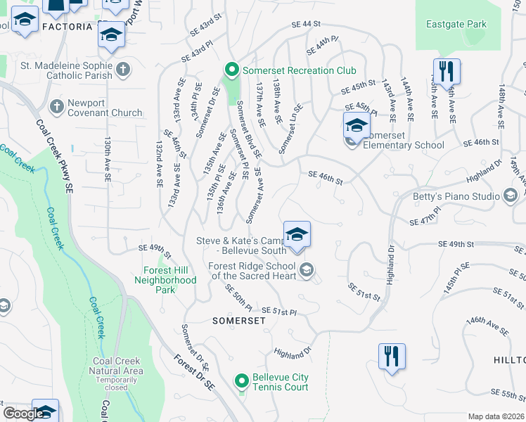 map of restaurants, bars, coffee shops, grocery stores, and more near 4731 139th Avenue Southeast in Bellevue