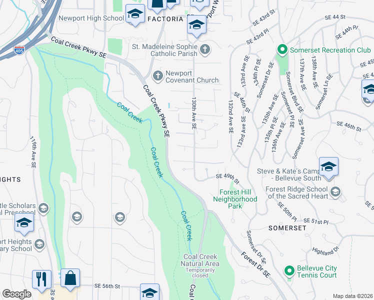 map of restaurants, bars, coffee shops, grocery stores, and more near 12973 Southeast 47th Place in Bellevue